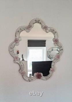 Pink Flower Venetian Murano Glass Mirror, Italian Art Glass, Floral Wall Mirror