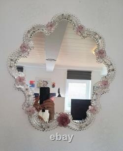 Pink Flower Venetian Murano Glass Mirror, Italian Art Glass, Floral Wall Mirror