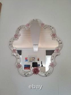 Pink Flower Venetian Murano Glass Mirror, Italian Art Glass, Floral Wall Mirror