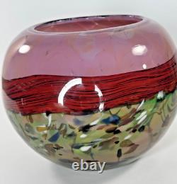 Pink Green Vase Art Glass Cased Round Bowl Vase Multicolored 6 Inch Painted Red