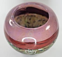 Pink Green Vase Art Glass Cased Round Bowl Vase Multicolored 6 Inch Painted Red