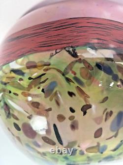 Pink Green Vase Art Glass Cased Round Bowl Vase Multicolored 6 Inch Painted Red