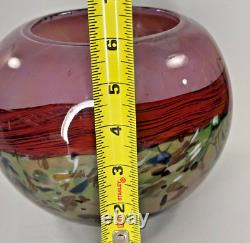 Pink Green Vase Art Glass Cased Round Bowl Vase Multicolored 6 Inch Painted Red