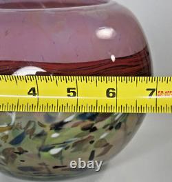 Pink Green Vase Art Glass Cased Round Bowl Vase Multicolored 6 Inch Painted Red