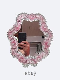 Pink Murano Glass Mirror With Pink Flower Ornament Handmade In Italy Glass Art