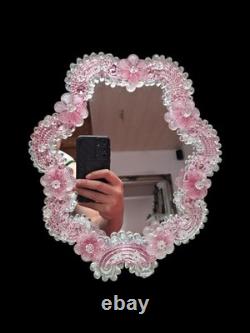 Pink Murano Glass Mirror With Pink Flower Ornament Handmade In Italy Glass Art