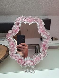 Pink Murano Glass Mirror With Pink Flower Ornament Handmade In Italy Glass Art