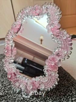 Pink Murano Glass Mirror With Pink Flower Ornament Handmade In Italy Glass Art