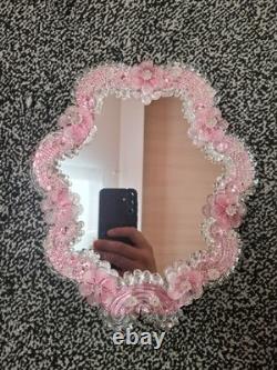 Pink Murano Glass Mirror With Pink Flower Ornament Handmade In Italy Glass Art