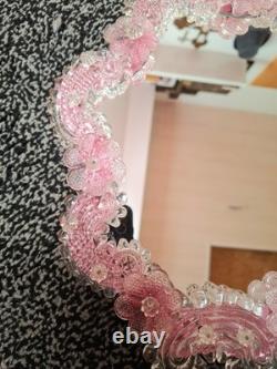 Pink Murano Glass Mirror With Pink Flower Ornament Handmade In Italy Glass Art