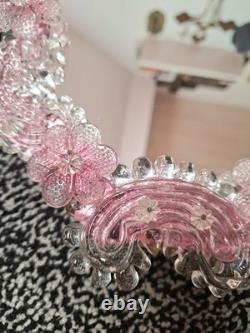 Pink Murano Glass Mirror With Pink Flower Ornament Handmade In Italy Glass Art