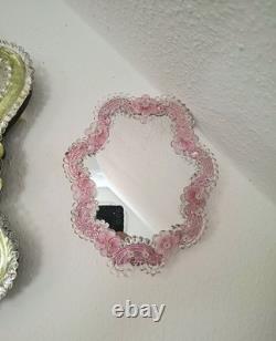 Pink Murano Glass Mirror With Pink Flower Ornament Handmade In Italy Glass Art