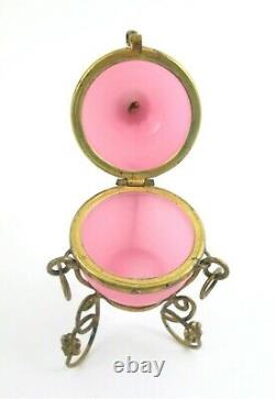 Pink OPALINE EGG antique French art glass TRINKET BOX Gilt Frame c. 1890's