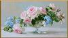 Pink Roses In Glass Vase Painting Vintage Floral Still Life Soft Blue Flowers Romantic Wall Art