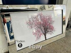 Pink blossom tree on white back ground in a mirrored frame, 3D glitter art