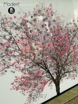 Pink blossom tree on white back ground in a mirrored frame, 3D glitter art