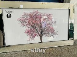 Pink blossom tree on white back ground in a mirrored frame, 3D glitter art
