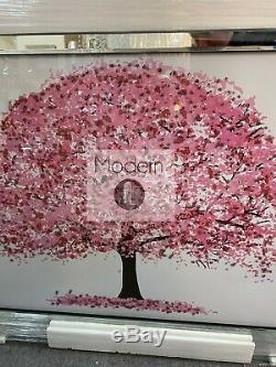 Pink blossom tree picture in mirrored frame with glitter art detail