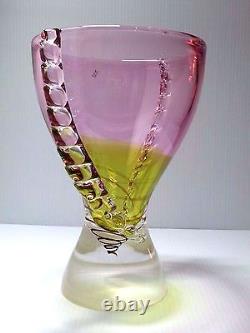 Poland Art Glass Polish Vase Unique Trophy Shaped Hand Made X Large Yellow Pink