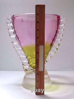 Poland Art Glass Polish Vase Unique Trophy Shaped Hand Made X Large Yellow Pink