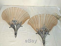 Pr Vtg Pink Peach Glass & Silver Metal Art Deco Nouveau Slip Shade Wall Sconces