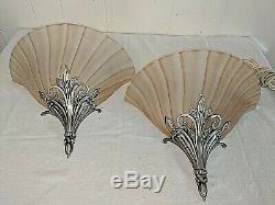 Pr Vtg Pink Peach Glass & Silver Metal Art Deco Nouveau Slip Shade Wall Sconces