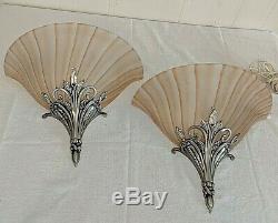 Pr Vtg Pink Peach Glass & Silver Metal Art Deco Nouveau Slip Shade Wall Sconces