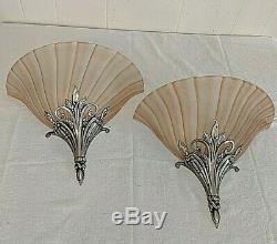 Pr Vtg Pink Peach Glass & Silver Metal Art Deco Nouveau Slip Shade Wall Sconces