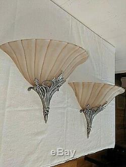 Pr Vtg Pink Peach Glass & Silver Metal Art Deco Nouveau Slip Shade Wall Sconces