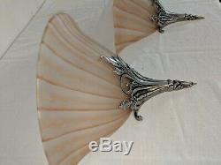 Pr Vtg Pink Peach Glass & Silver Metal Art Deco Nouveau Slip Shade Wall Sconces