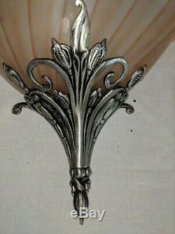 Pr Vtg Pink Peach Glass & Silver Metal Art Deco Nouveau Slip Shade Wall Sconces