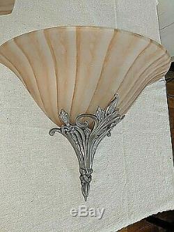 Pr Vtg Pink Peach Glass & Silver Metal Art Deco Nouveau Slip Shade Wall Sconces