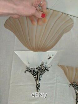 Pr Vtg Pink Peach Glass & Silver Metal Art Deco Nouveau Slip Shade Wall Sconces