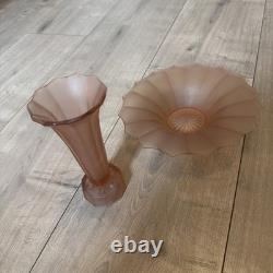 Pre War Frosted Pink Rose Vase And Base