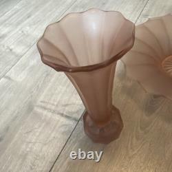 Pre War Frosted Pink Rose Vase And Base