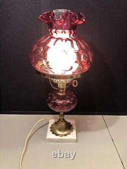 RARE Antique FENTON Cranberry Glass Coin Dot Optic Ruffled top Lamp Marble Base
