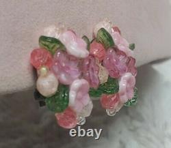 RARE CHRISTIAN DIOR 1966 Germany Pink Art Glass Flower Clip Earrings Signed