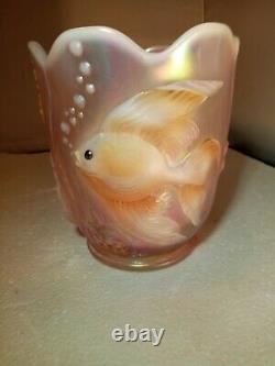 RARE FENTON GLASS OPALINE BAS-RELIEF FISH VASE HAND PAINTED SIGNED bubbles