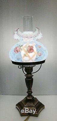 RARE Fenton Glass French Opal Diamond Optic Trellis Pink Crest Lamp Hp & Signed