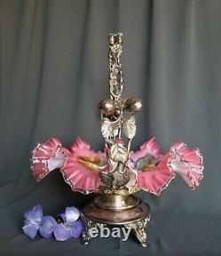 RARE! Hand painted Art glass Bride basket figural quadruple silver plate frame