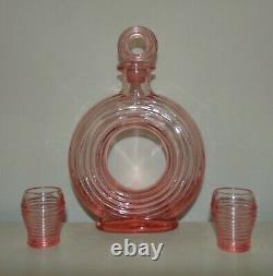 RARE McKee Art Deco Lifesaver Decanter & Glasses Set Pink c. 1930s