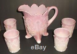 RARE Northwood / Dugan Inverted Fan & Feather PINK slag Pitcher & 4 Glass Set