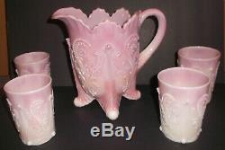 RARE Northwood / Dugan Inverted Fan & Feather PINK slag Pitcher & 4 Glass Set