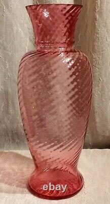 RARE Pilgrim Glass Cranberry Swirl Hand Blown 15 Vase Signed D. Champan