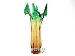 RARE sommerso ribbed & twisted art glass leaf vase green in pink Czech Hospodka