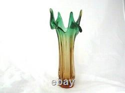 RARE sommerso ribbed & twisted art glass leaf vase green in pink Czech Hospodka