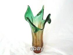 RARE sommerso ribbed & twisted art glass leaf vase green in pink Czech Hospodka