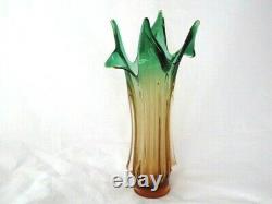 RARE sommerso ribbed & twisted art glass leaf vase green in pink Czech Hospodka