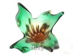 RARE sommerso ribbed & twisted art glass leaf vase green in pink Czech Hospodka