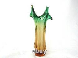 RARE sommerso ribbed & twisted art glass leaf vase green in pink Czech Hospodka